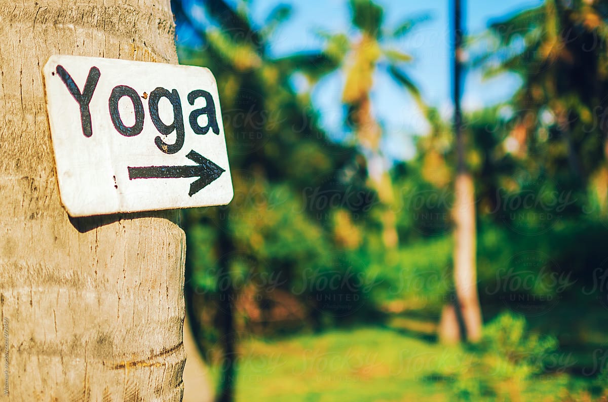 Simple wooden Yoga sign on a palm tree