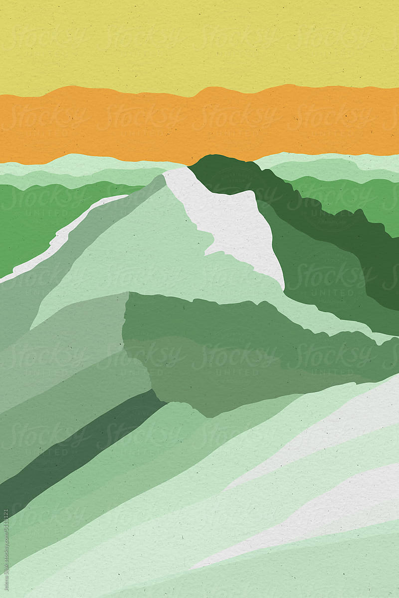 Graphic illustration of jungle and green mountains with the sunset.