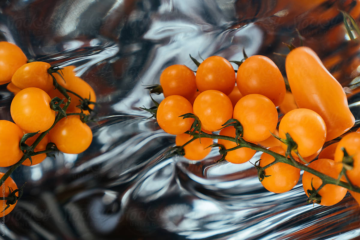 Art still life with orange tomatoes.