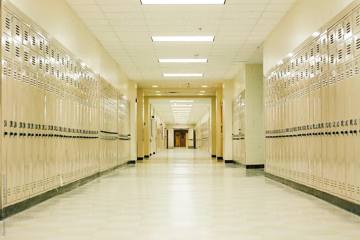Long Hallway in American High school with lockers