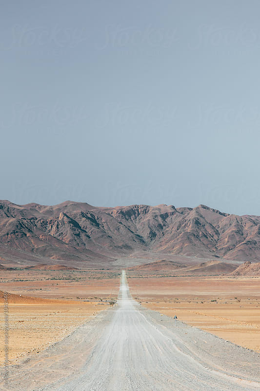 Long straight empty desert road leading into the horizon