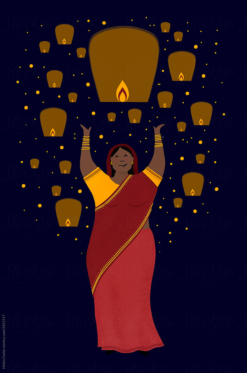 Woman releasing Diwali Lantern