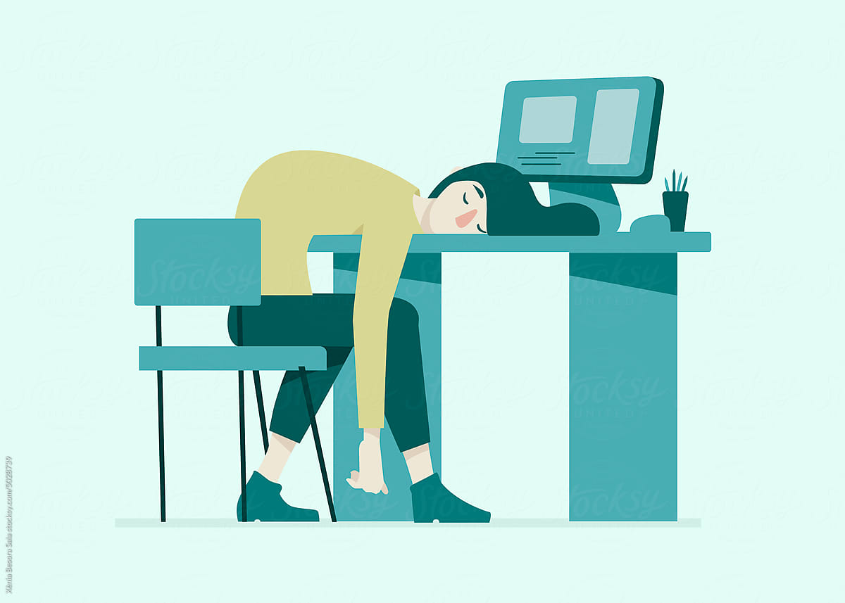 Cartoon exhausted woman at work desk