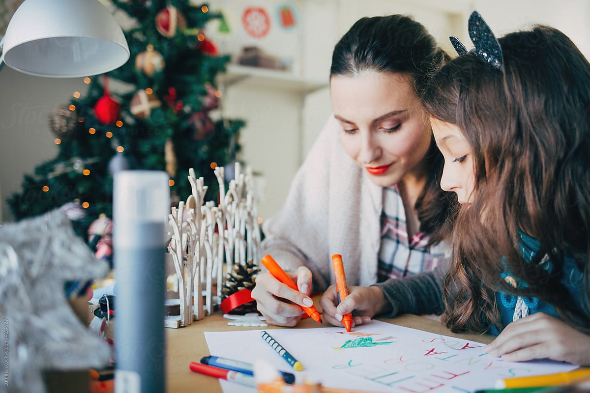 Mother and Daughter Writing a Letter to Santa