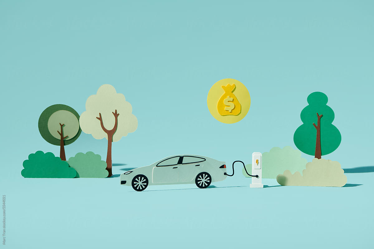 Electric car refueling icon symbol, EV car, Green hybrid
