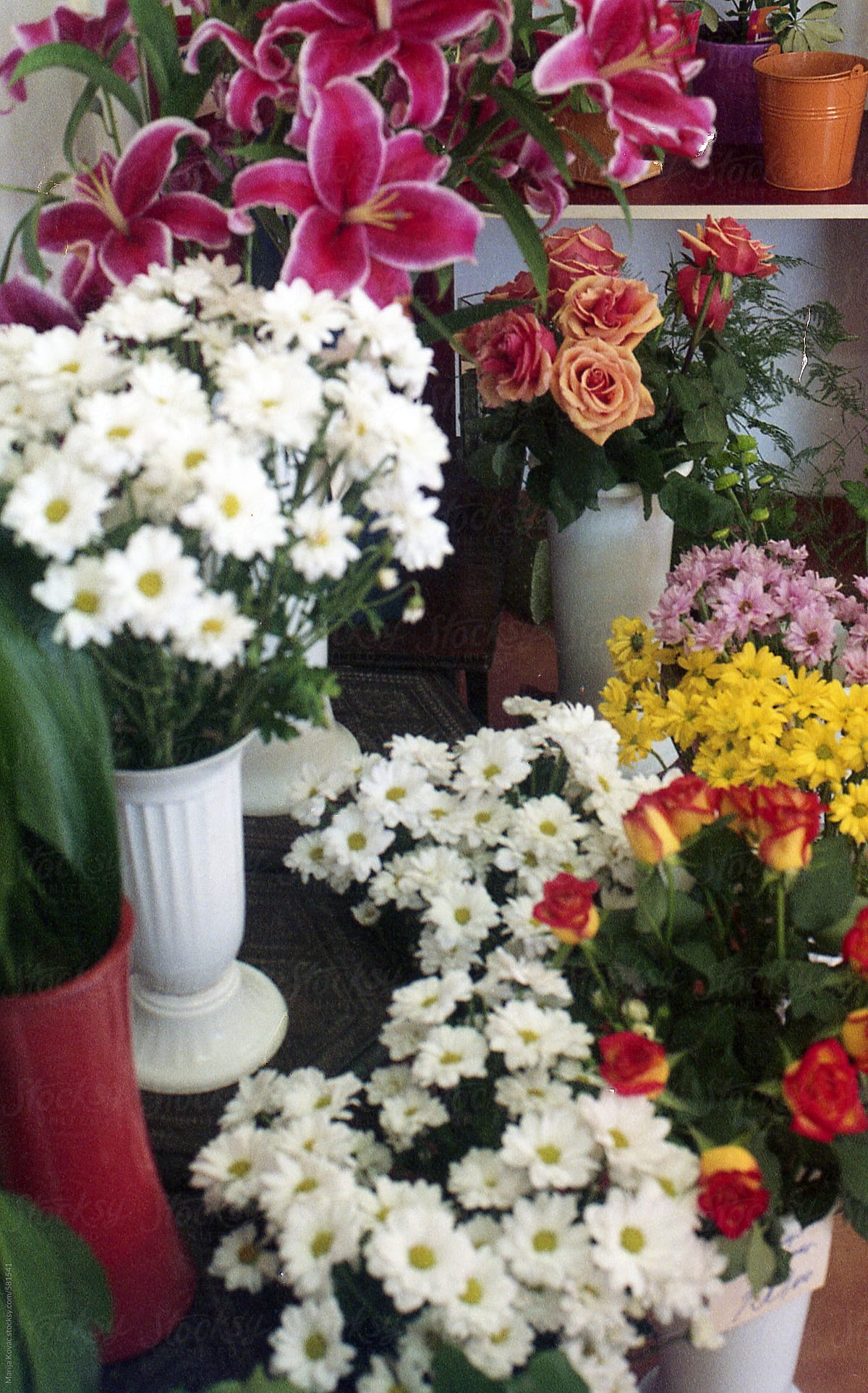 Lots of colorful flowers in a flower shop