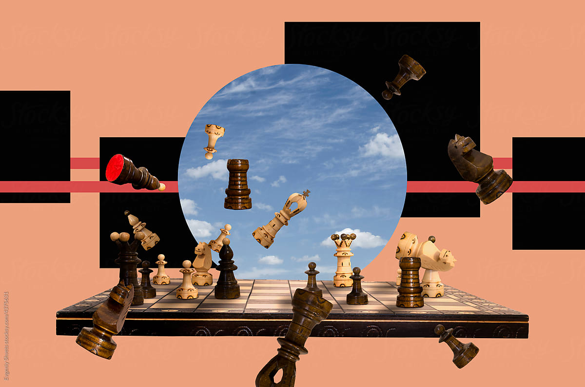 Collage art With Chess Pieces And Chess Board