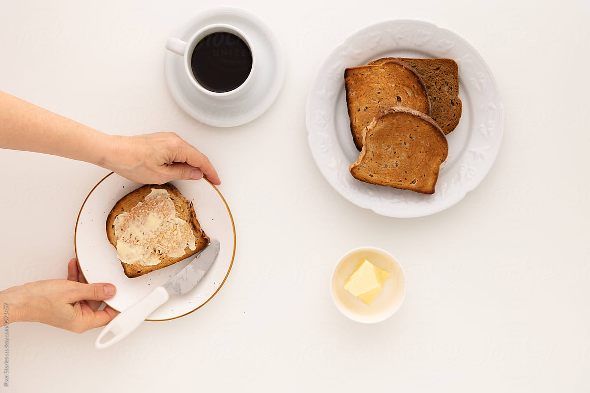Food: Breakfast with toasts, butter, coffee