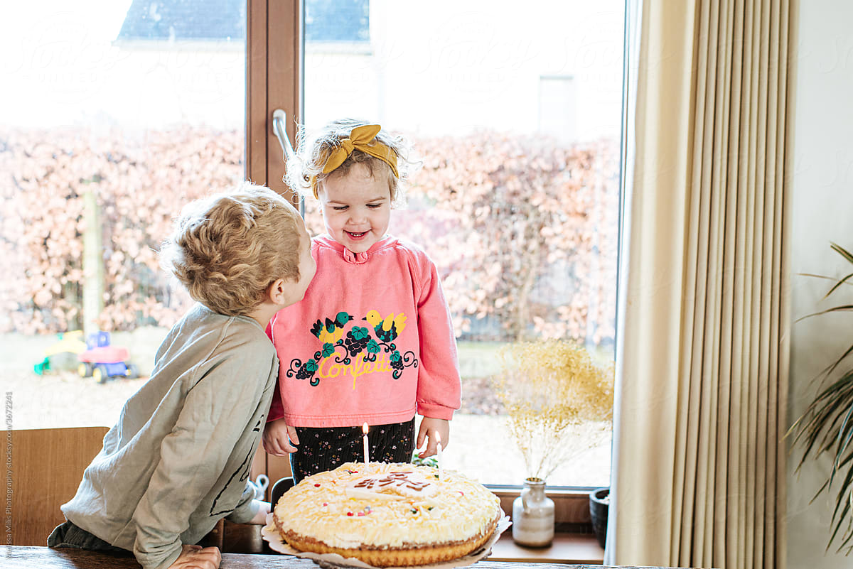 Birthday party for a 2 year-old girl with cake and candles