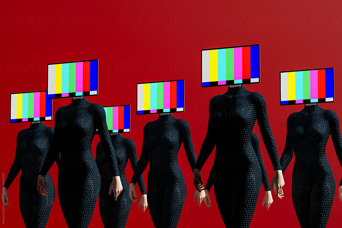 A group of women with a television on her head