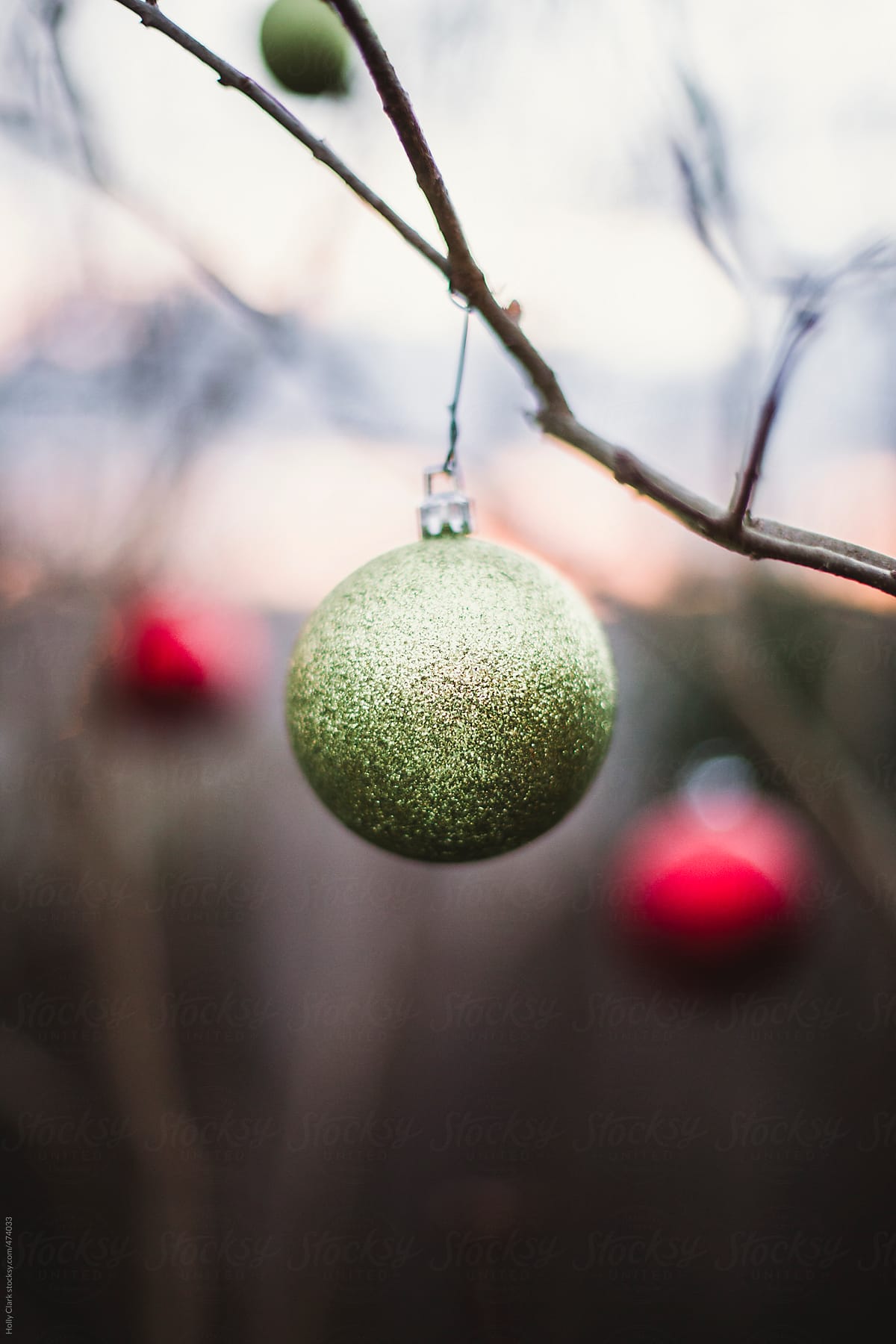 Glittery green Christmas ornament hangs on branch