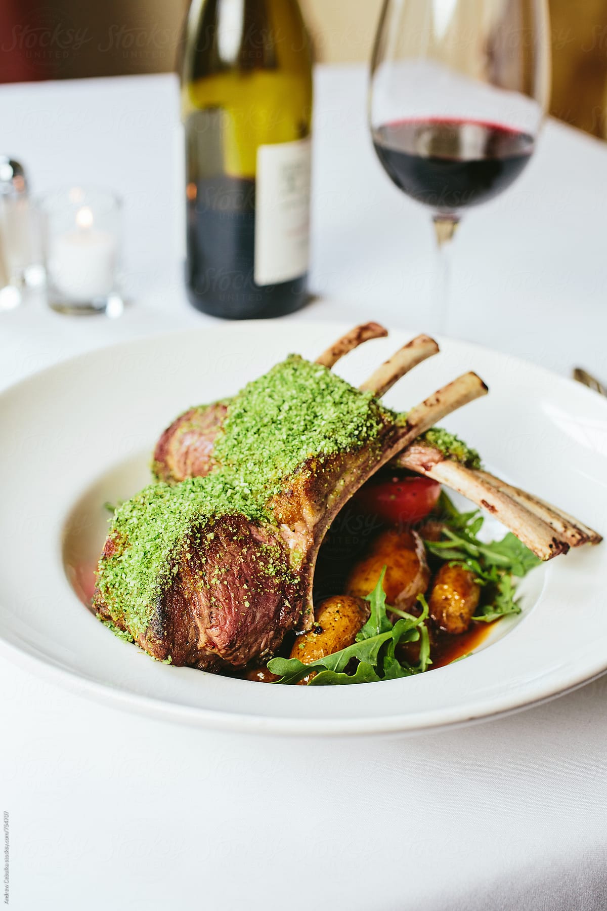 Rack of Lamb with Pesto and Potatoes with Red Wine