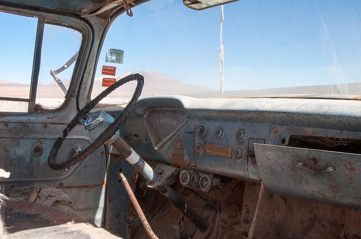 Interior shot of an abandoned truck.