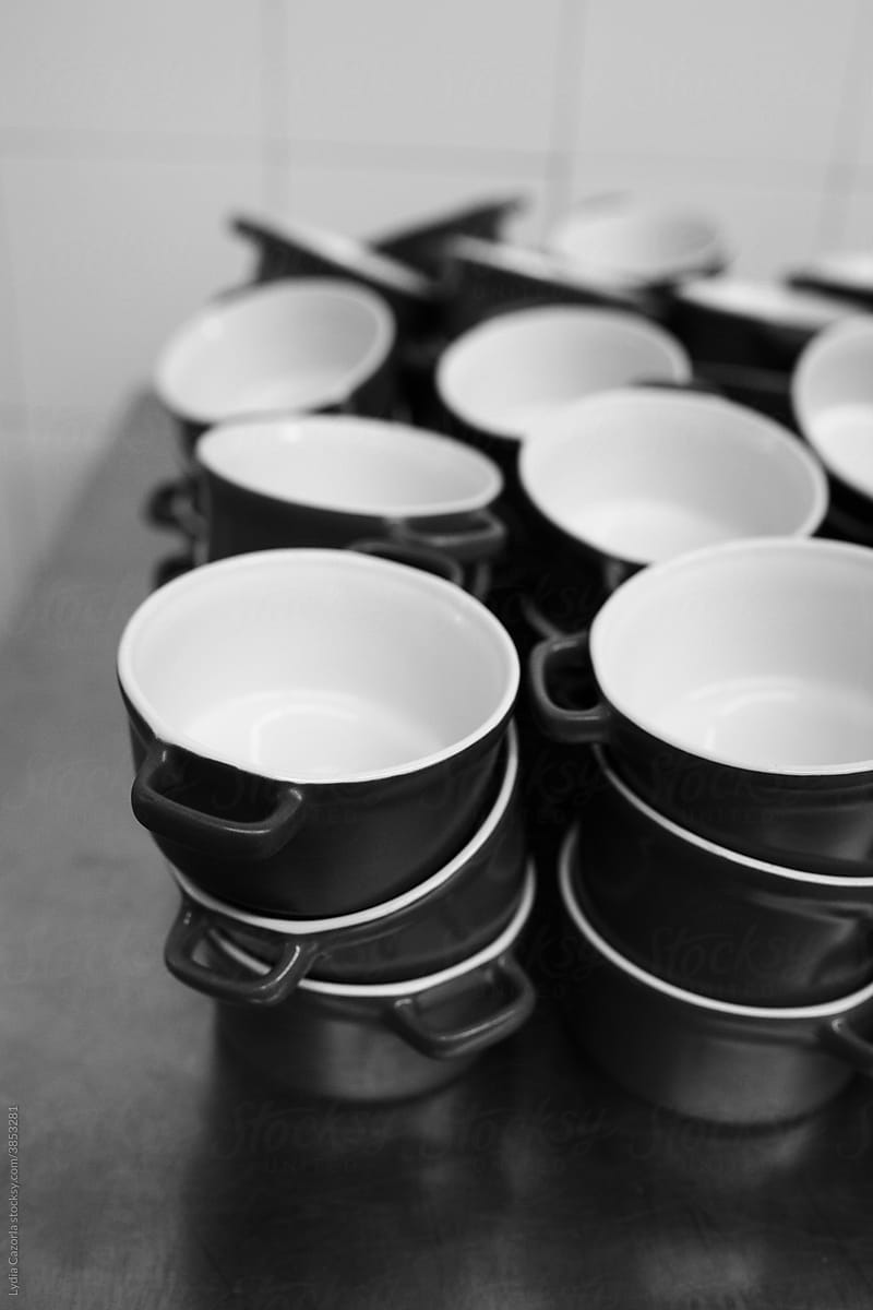 Set of pots or casseroles in a catering kitchen