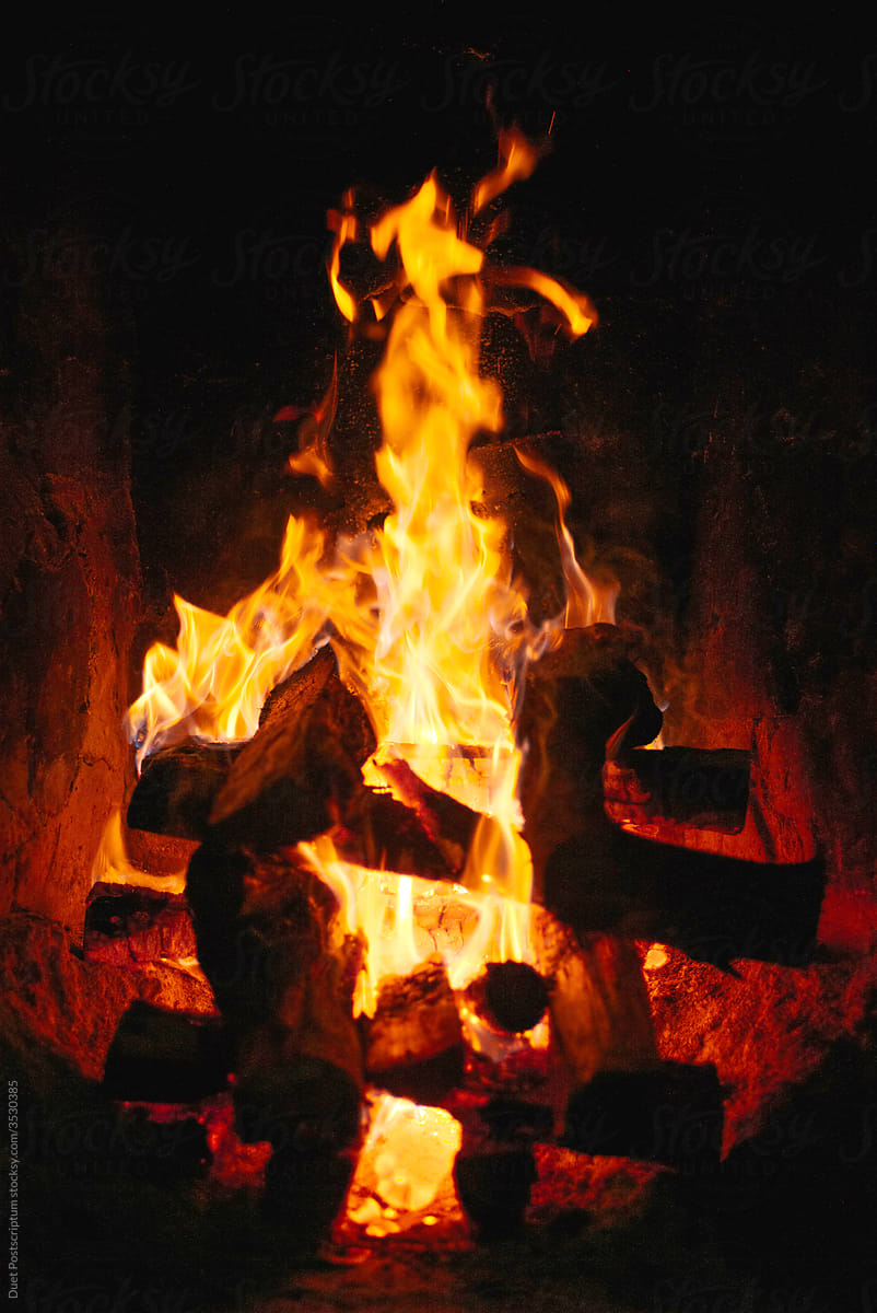 Fireplace. Burning firewood
