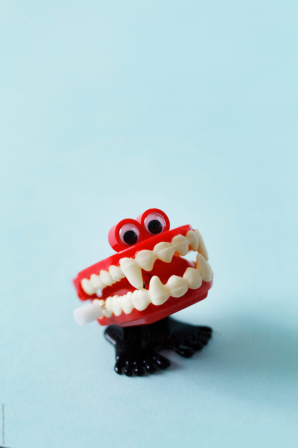 Close up of marching vampire\'s denture toy with googly eyes