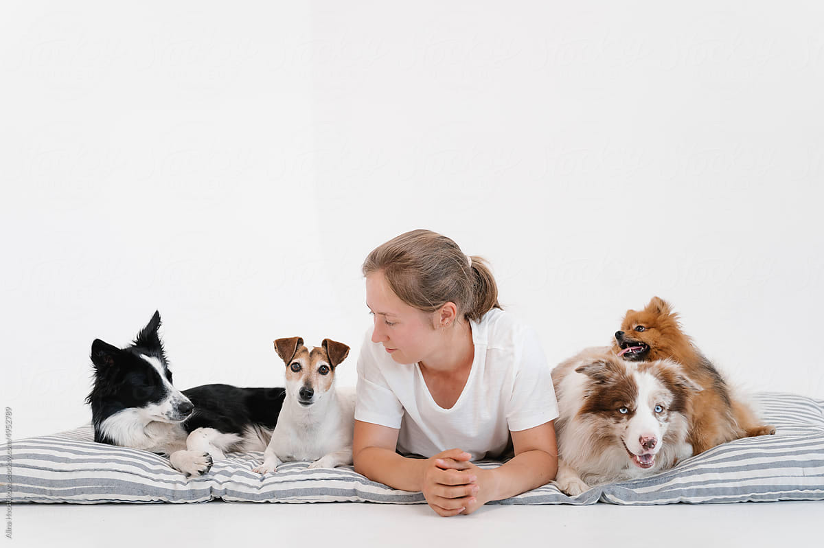 Woman lying on mattress amidst obedient dogs