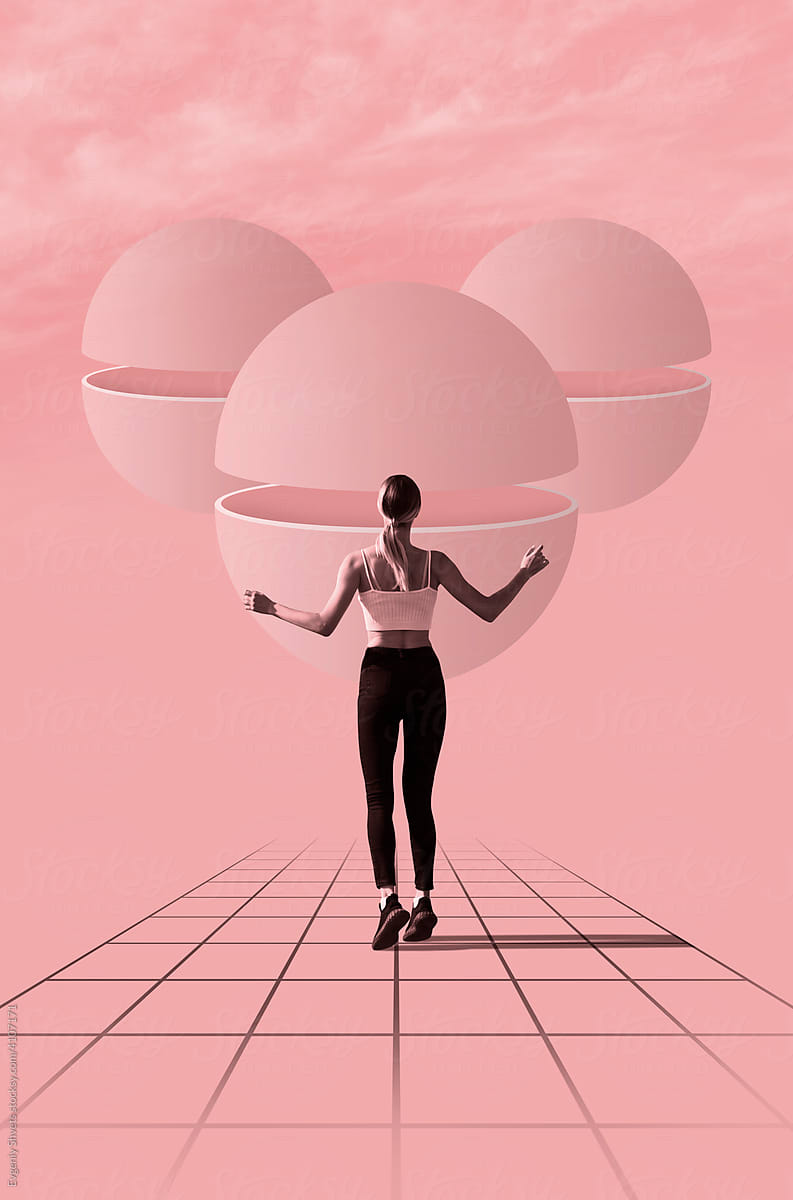 Woman looking inside a divided sphere