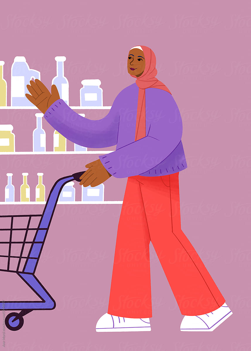 A woman in a hijab pushes a full shopping cart