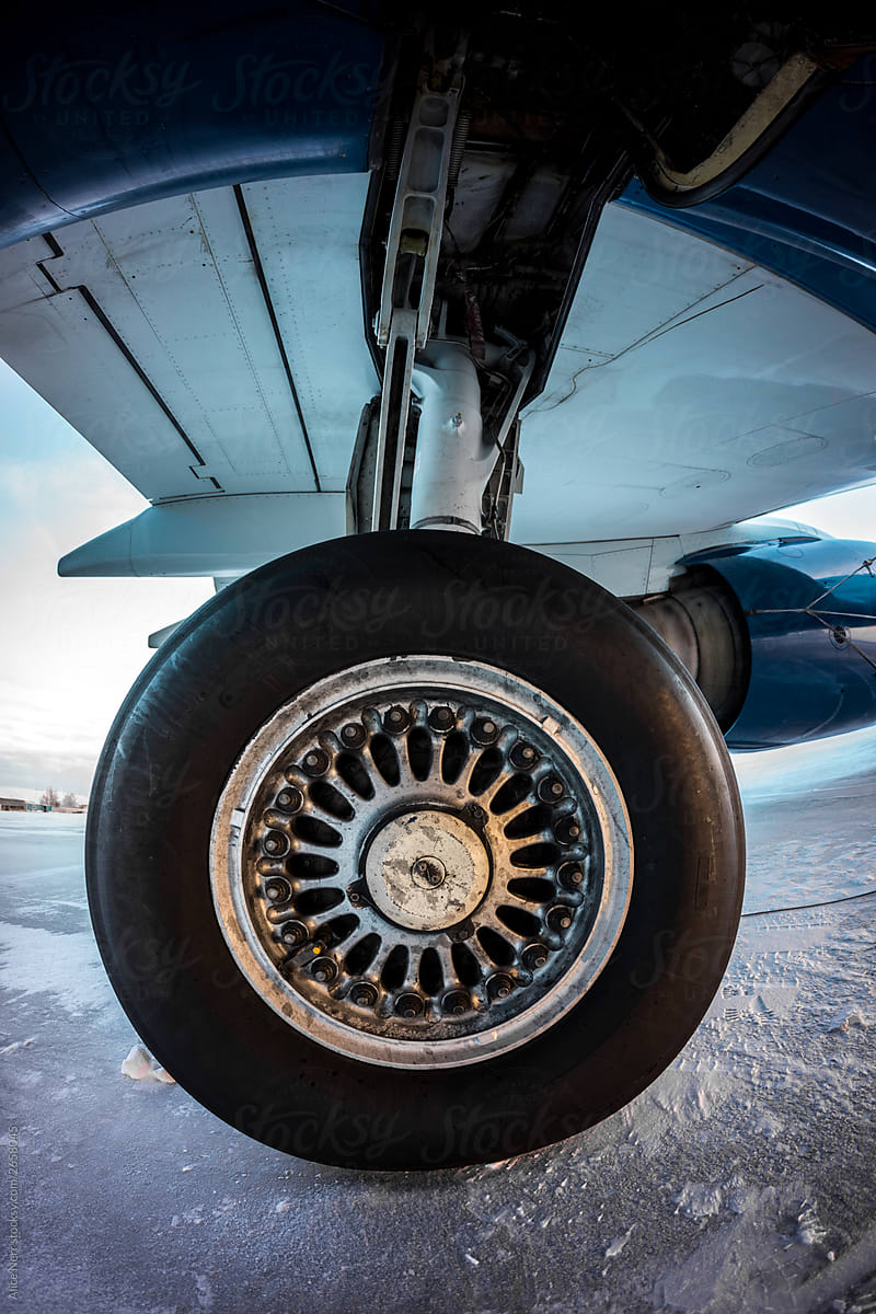 Closeup of airplane landing gear wheel