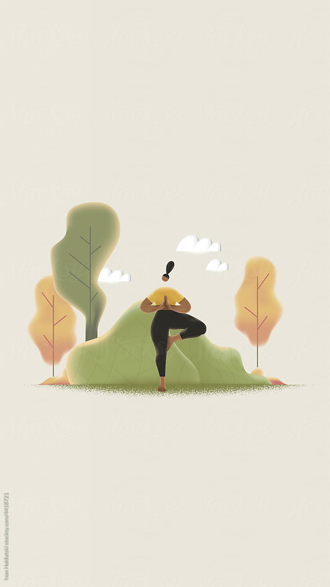 Black woman doing yoga. Vrikshasana or Tree Pose.