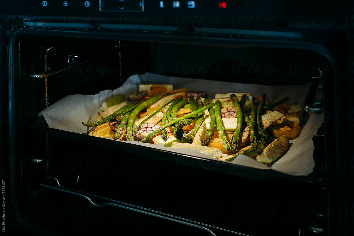 Cooking vegetables in oven.
