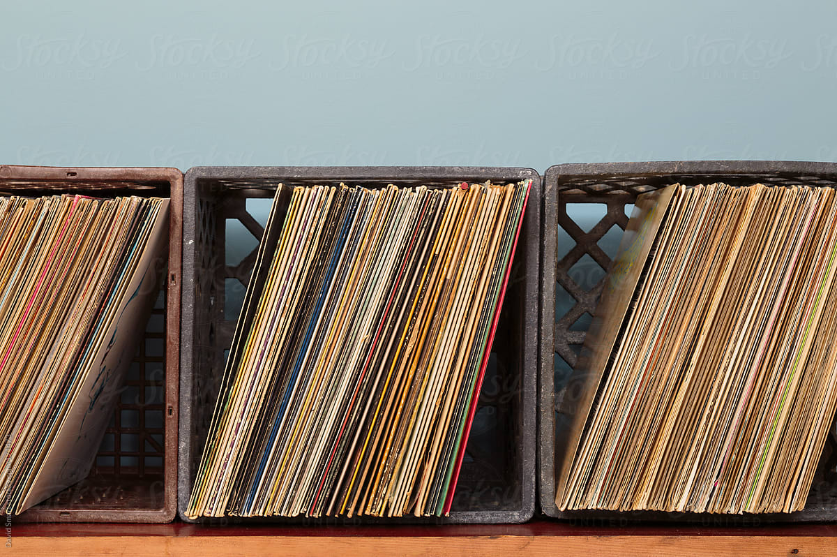Vinyl record albums in milk crates