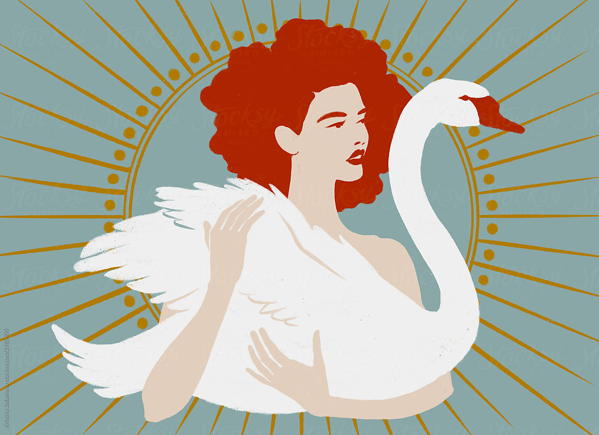 Curly girl with redheads holds a white swan