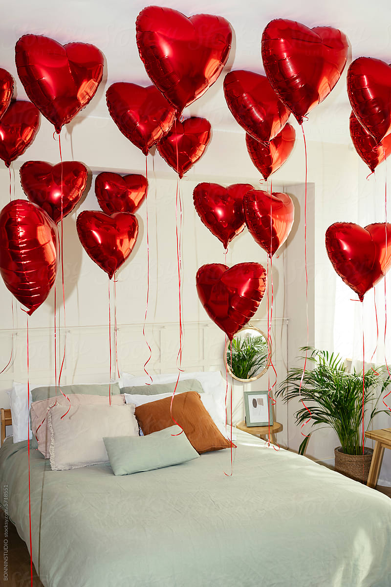 Red heart shaped balloons for Valentine\'s day