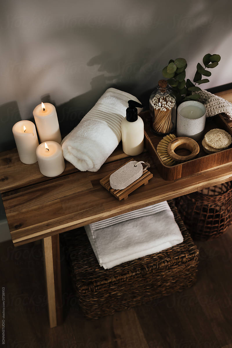 Table with various spa supplies