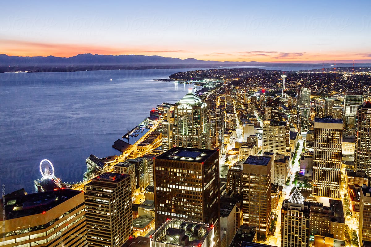 Aerial view of downtown Seattle with Space Needle with beautiful sunset at night