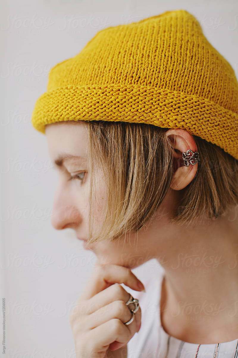 Blonde Girl With Bright Yellow Beanie 