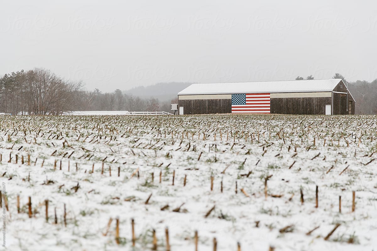 Rural Barn In Winter with American Flag