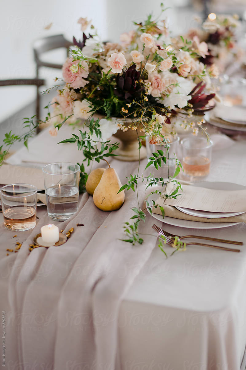 Styled Editorial Tablescape with Florals, Candles and Pears