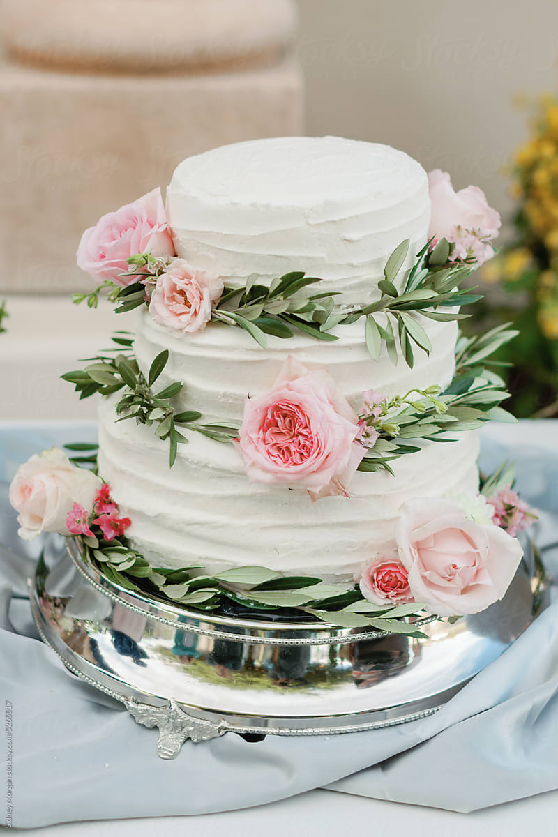 Wedding Cake with Greenery and Roses