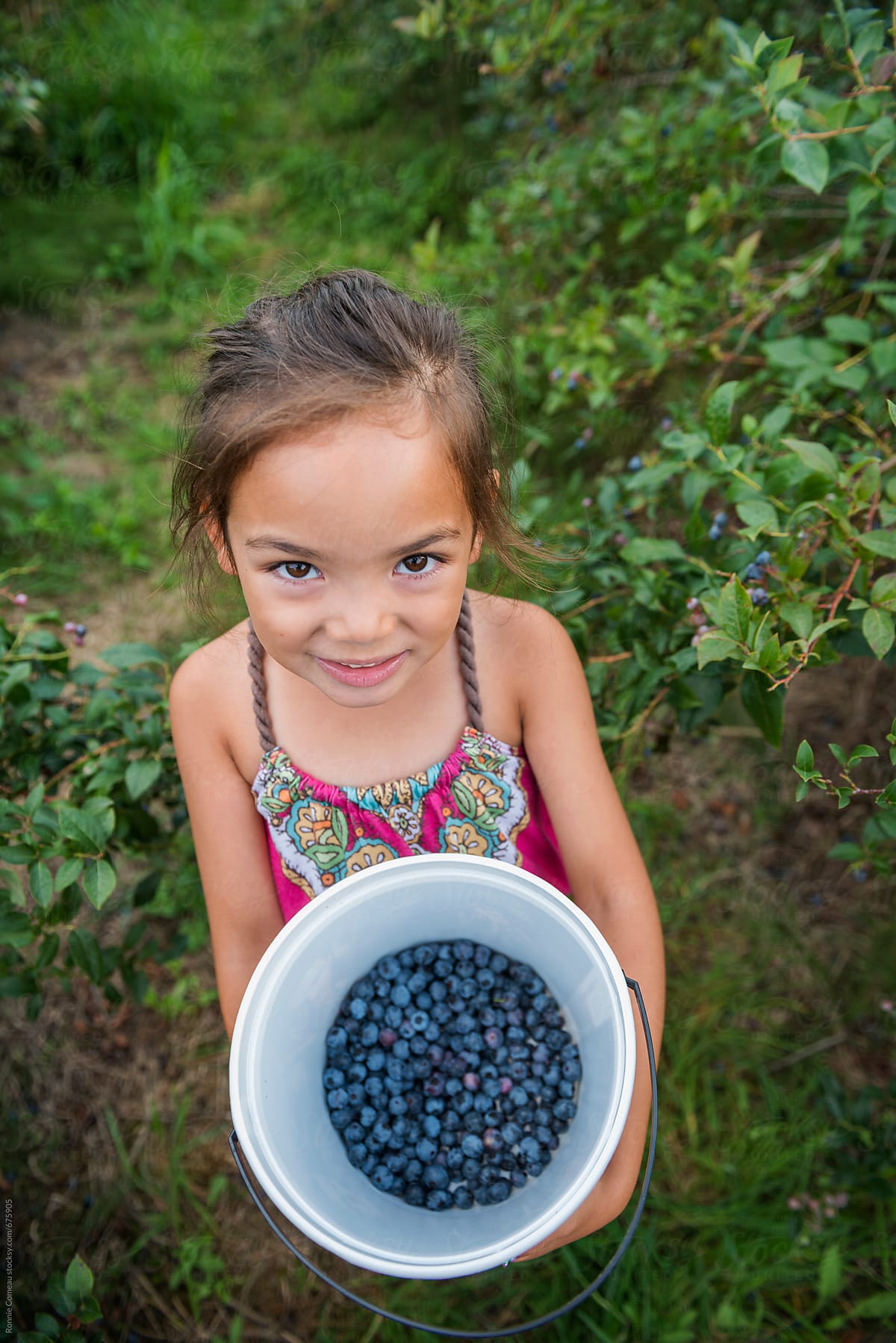 Little Girl Holding Blueberry Bucket