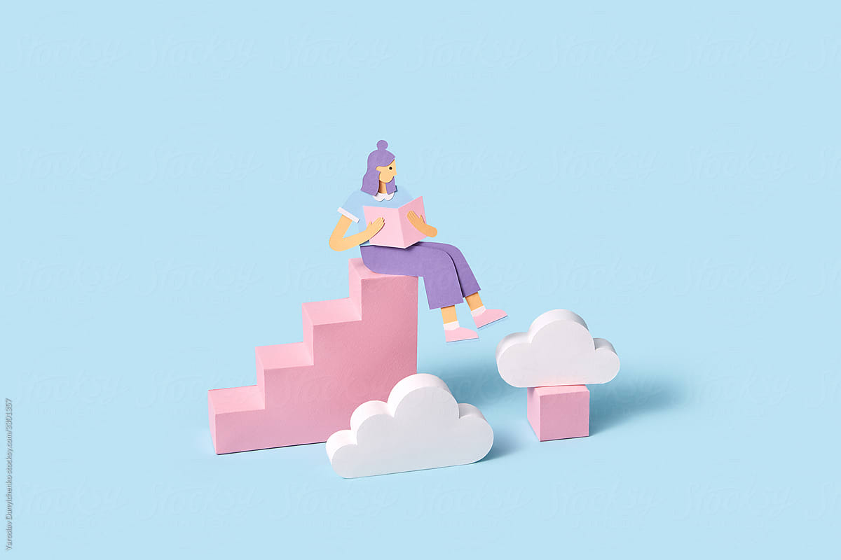 Craft schoolgirl is reading on a staircase with clouds.