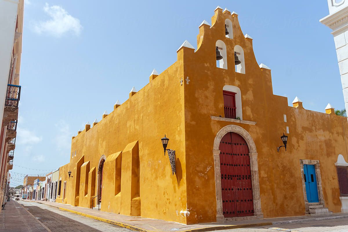 Yellow Colonial Church In Campeche, Mexico.