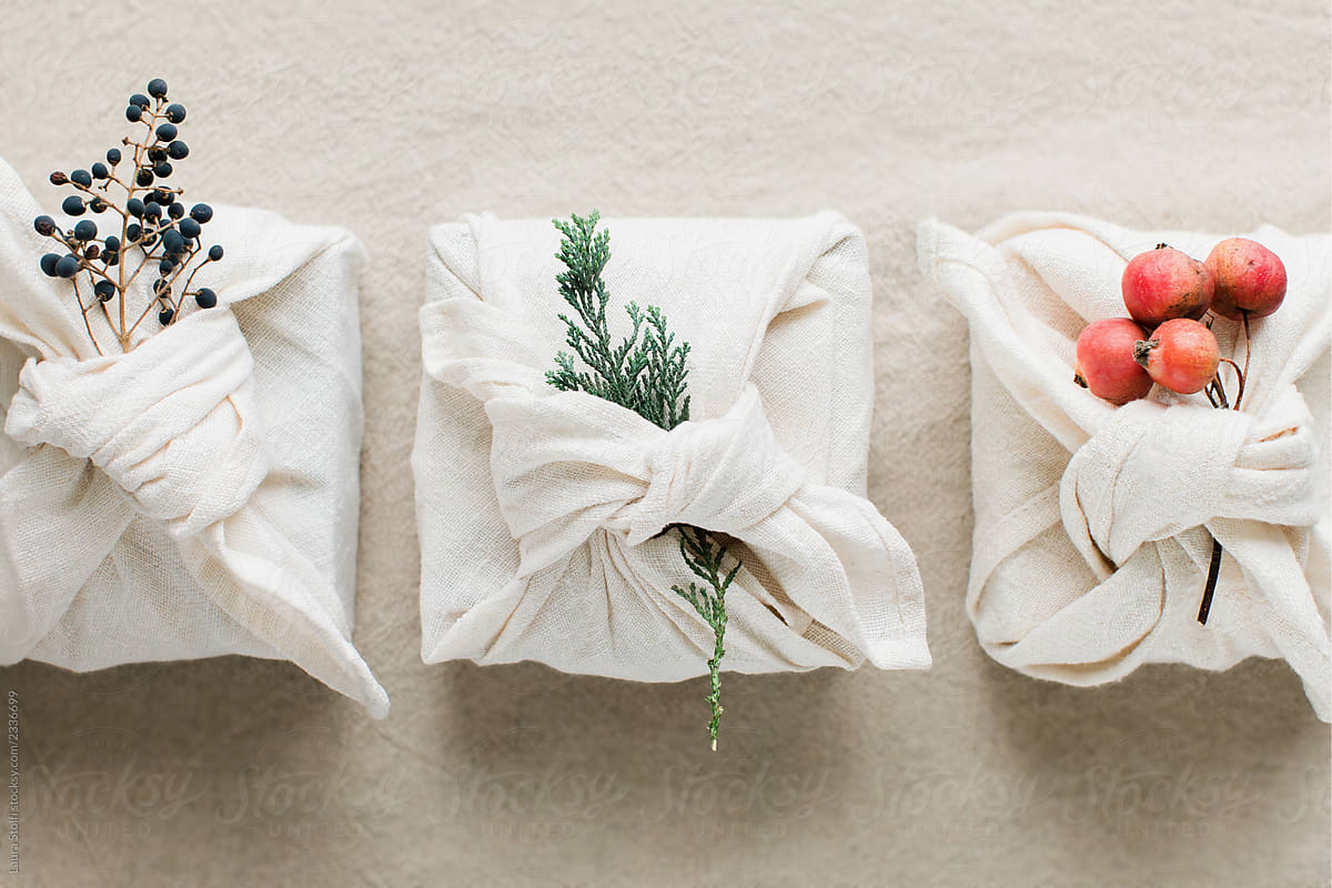 Eco-friendly gifts wrapped in fabric
