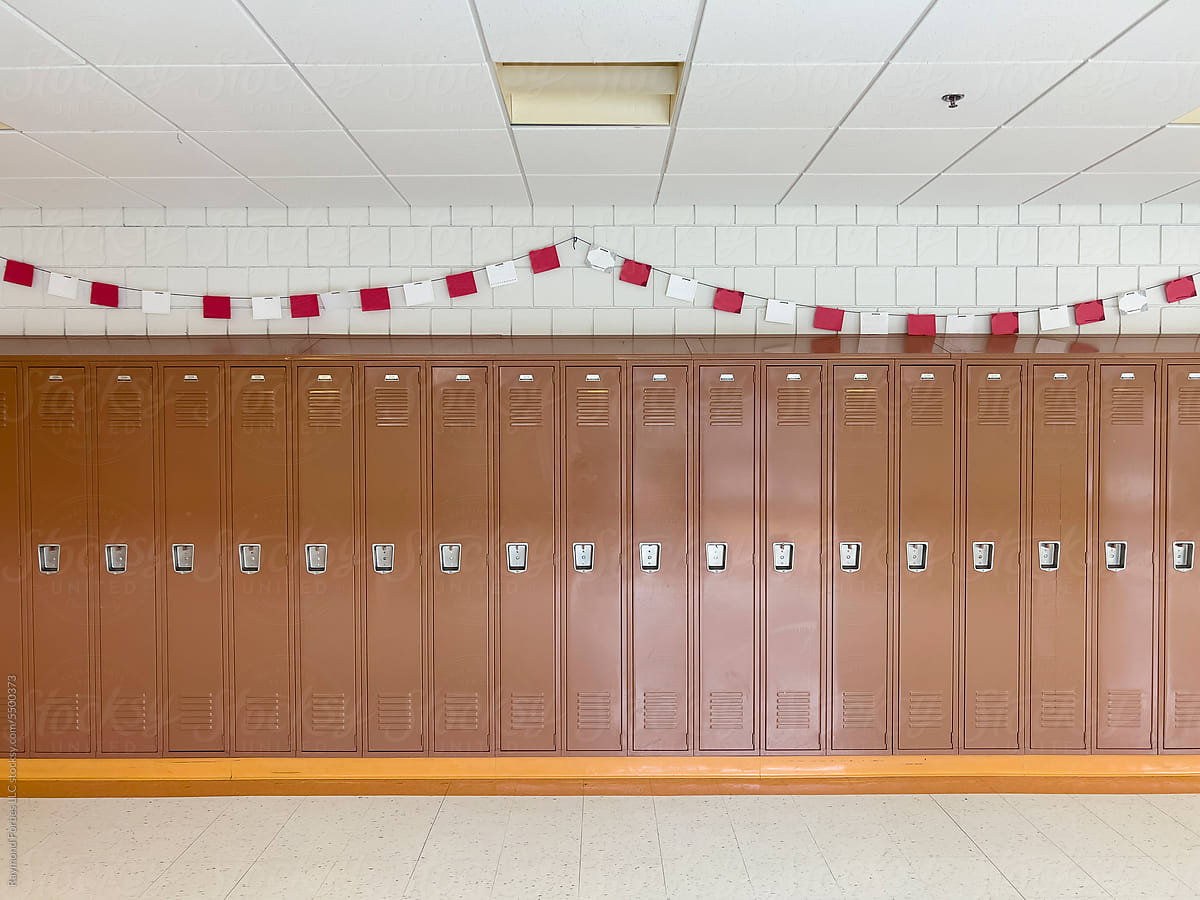 Wall of Lockers in  Hallway at American High School