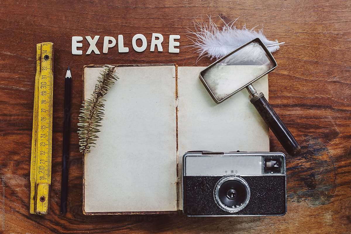 The objects of explorer on wood background.