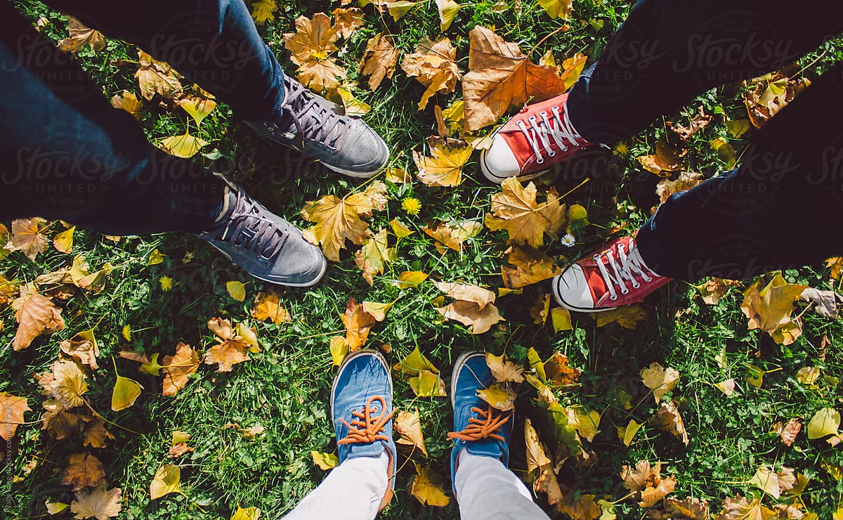 Friends chilling - feet shot from above in the park with maple leaves all over the grass