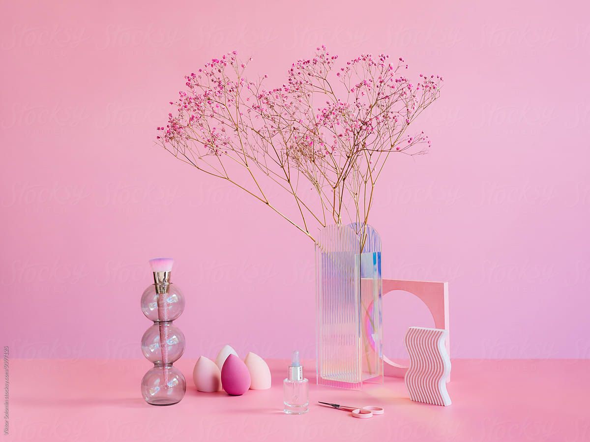 Set of pink composition of cosmetics and makeup stuff