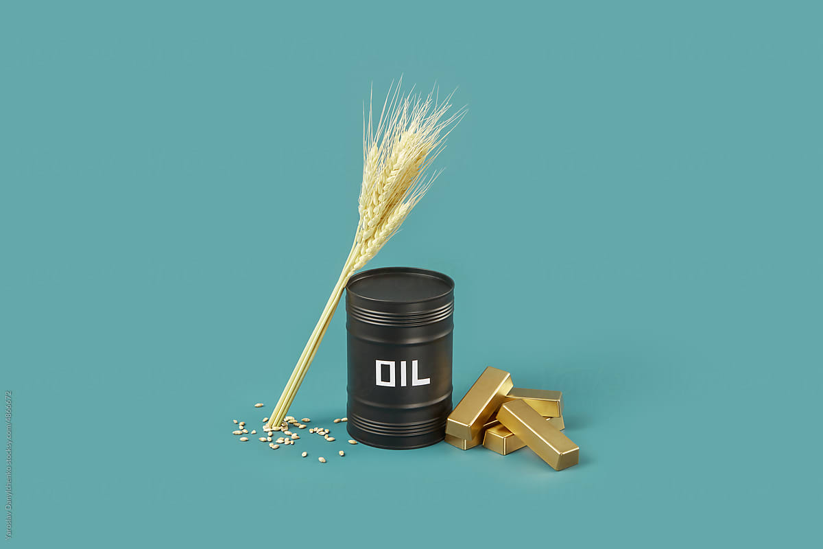 Black oil barrel, wheat ears and gold ingots.