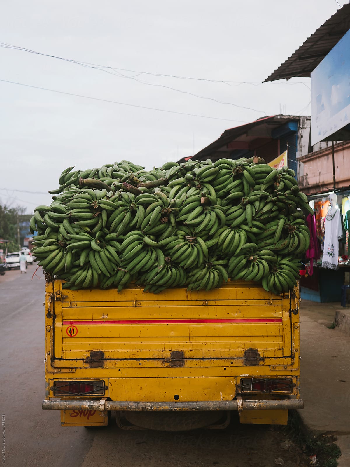 Truck overfull of bananas