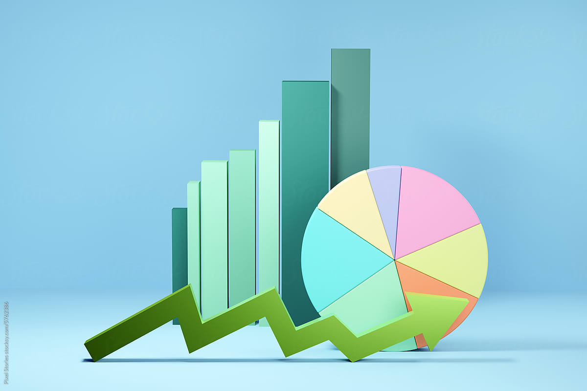 3D financial performance bar and pie charts, arrows results - growth