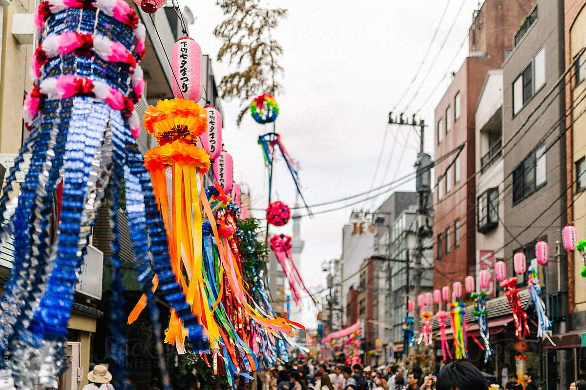 Very colourful street decorations during open-air summer festival