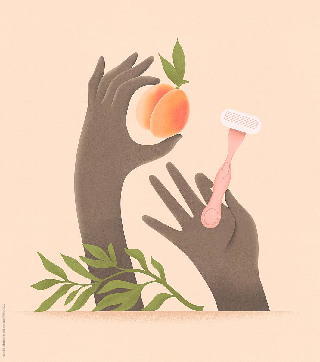 Hands with a razor shaving a peach illustration.