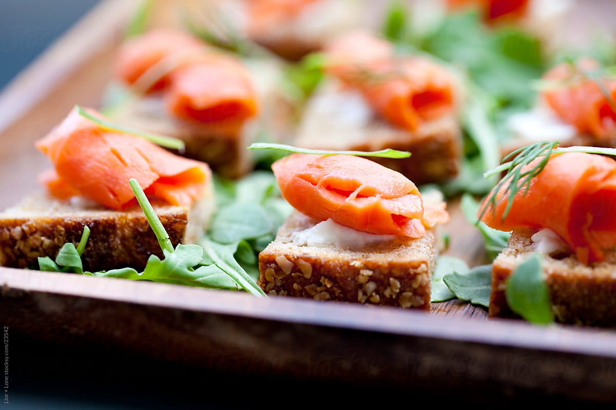 Smoked salmon canapes on a tray