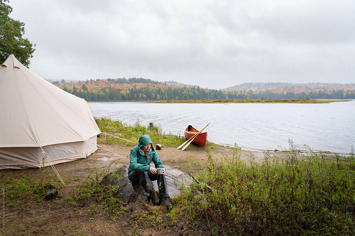 Autumn Campsite Coffee Canvas Tent Canoe